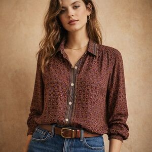 Max Studio Retro Geometric Print Button Front Blouse XL Boho Vintage Style